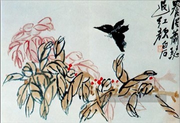 Qi Baishi Impatiens et papillon ancienne Chine à l’encre Peinture à l'huile